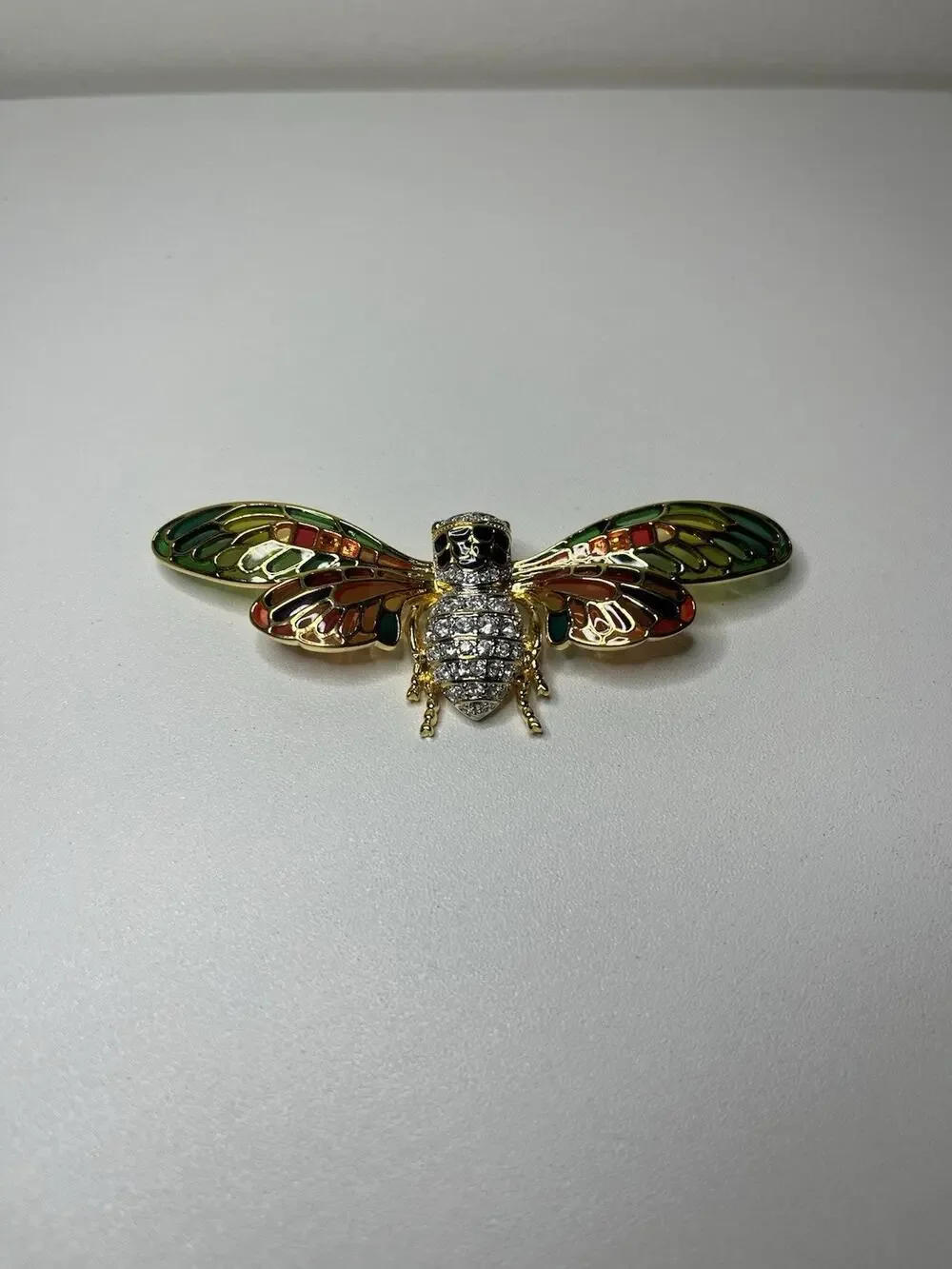 VTG Joan Rivers Stained Glass Crystal Plique-a-Jour Cicada Bug Brooch Pin